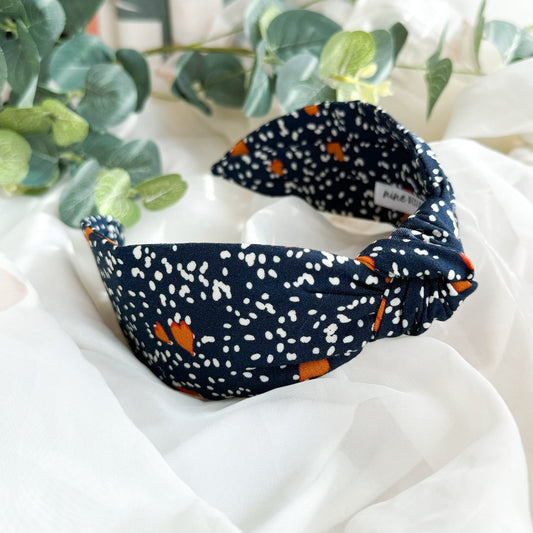 Navy and Orange Spot Knot Headband